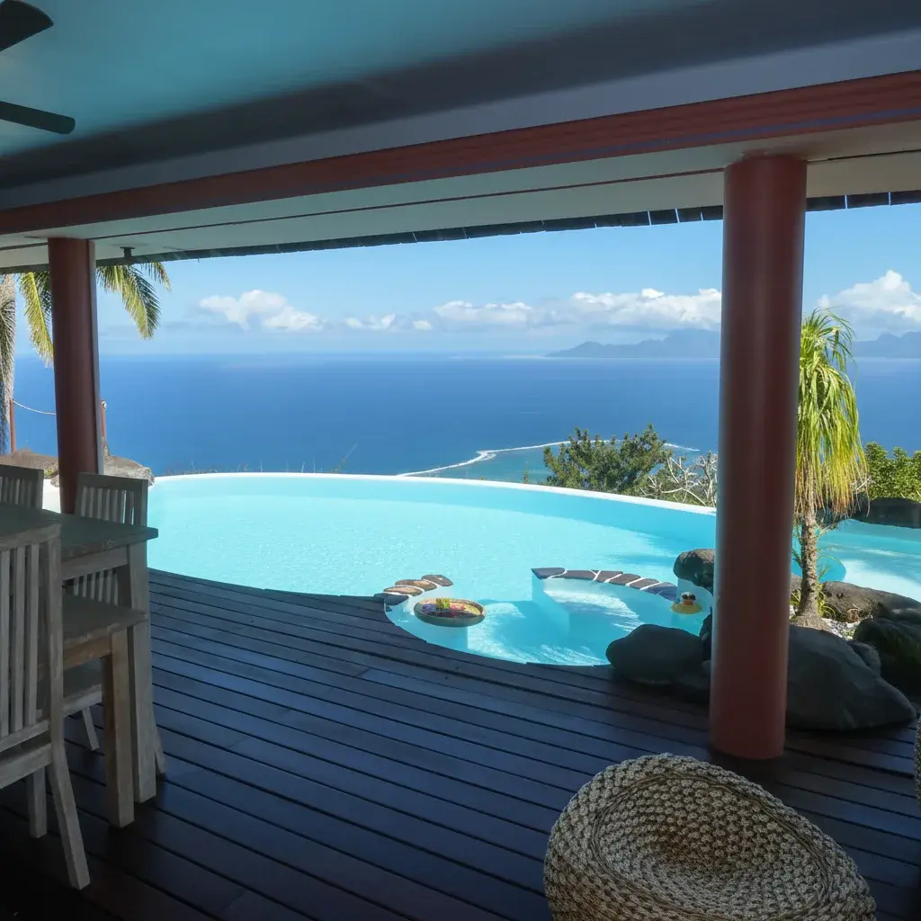 Terrace and pool overlooking the lagoon with Moorea silhouette