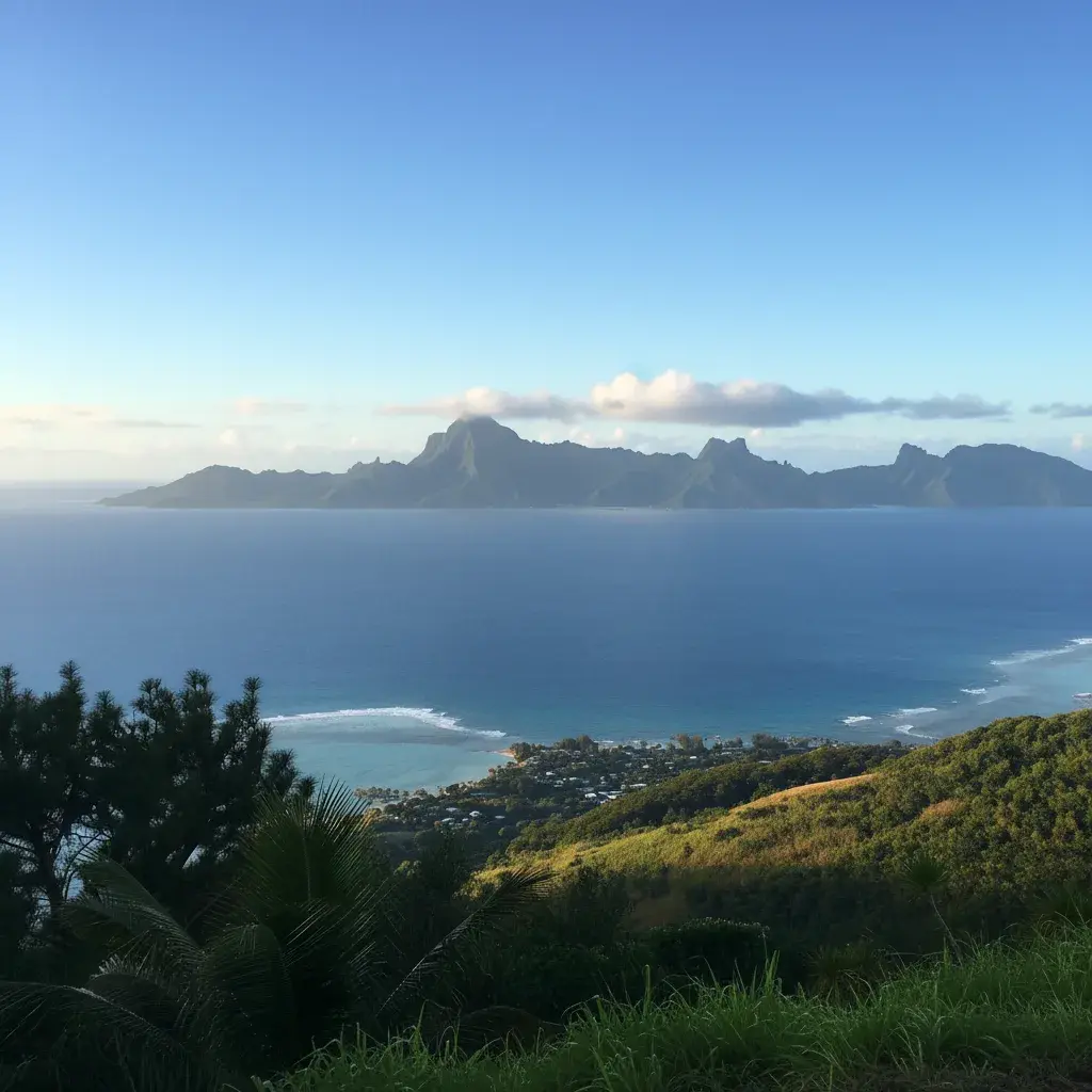 Moorea island seen from Tahiti across the lagoon at golden hour