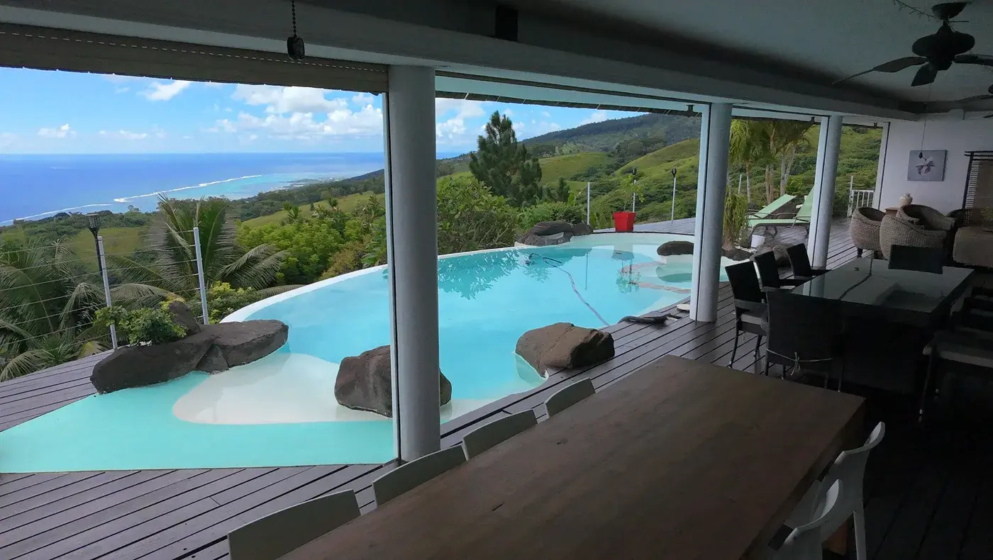 Panoramic sunset from the villa terrace over the Pacific ocean